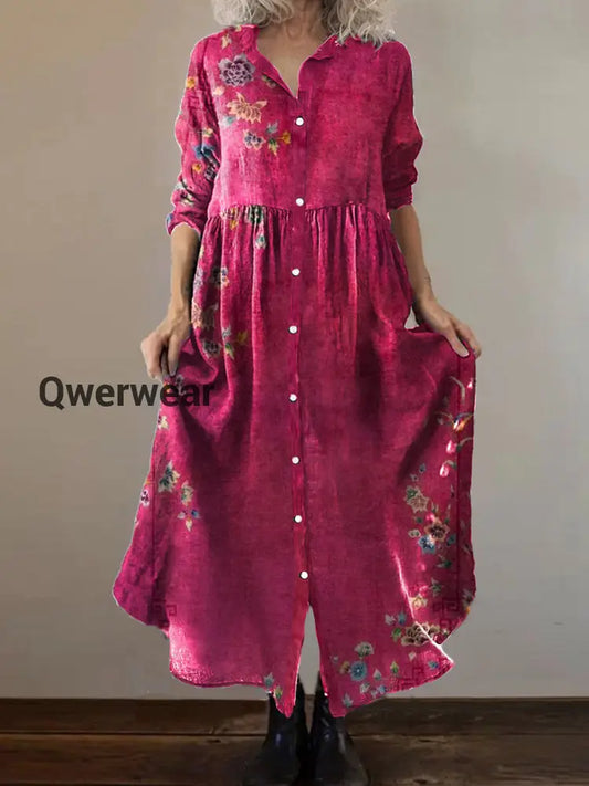 Vintage Bohemian Floral Art Print Chic V Neck Three Quarter Sleeve Button Elegant Midi Dress A / S