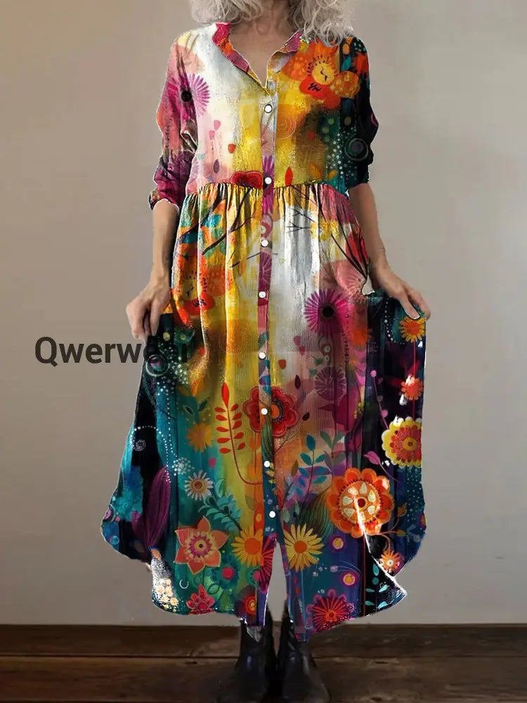 Vintage Bohemian Floral Art Print Chic V Neck Three Quarter Sleeve Button Elegant Midi Dress A / S