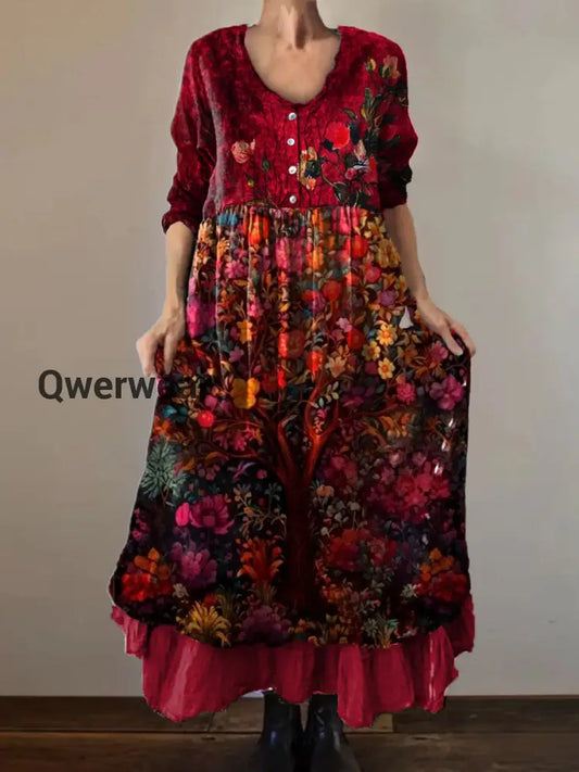 Vintage Bohemian Floral Print Elegant Chic Loose Midi Dress A / S