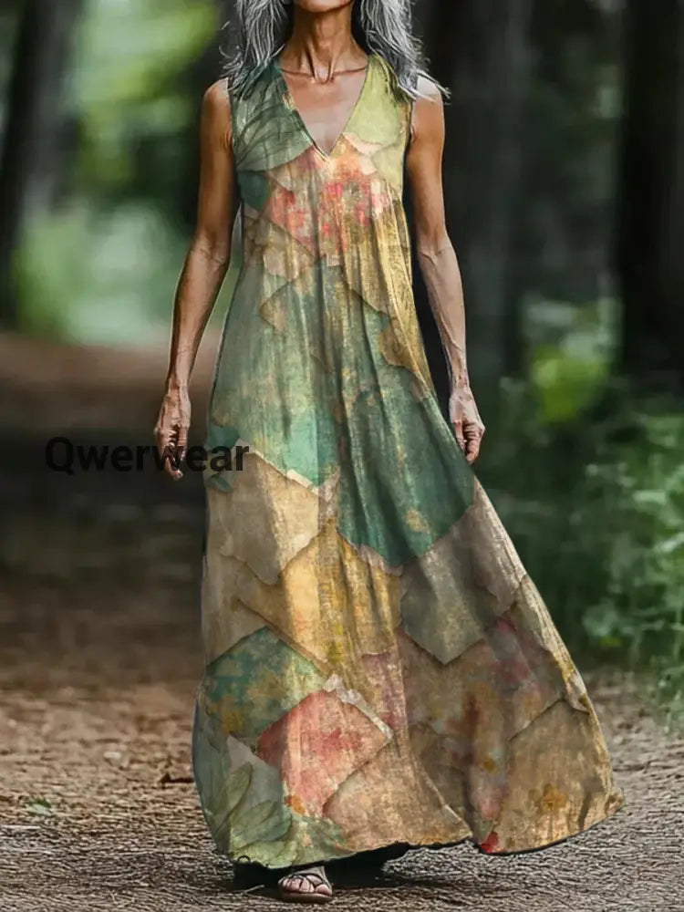 Vintage Bohemian Floral Print Elegant Chic Loose Midi Dress-DR-F-164 A / S