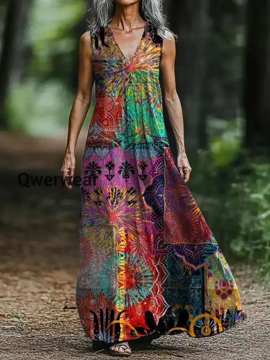 Vintage Bohemian Floral Print Elegant Chic Loose Midi Dress-DR-F-165 A / S