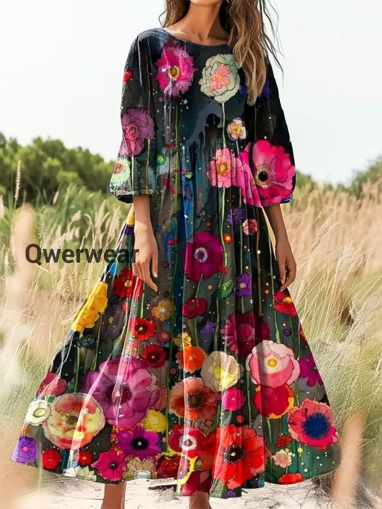 Vintage Bohemian Floral Print Elegant Chic Loose Midi Dress-DR-F-191 A / S