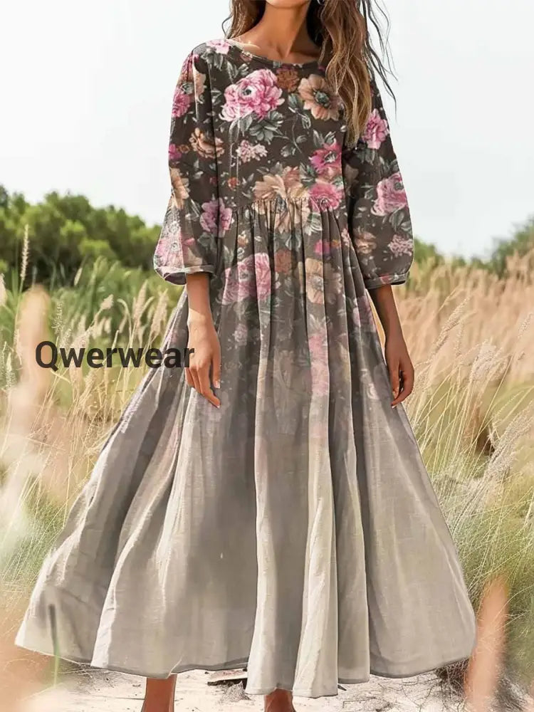 Vintage Bohemian Floral Print Elegant Chic Loose Midi Dress-DR-F-212 A / S