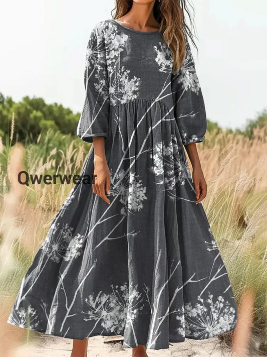 Vintage Bohemian Floral Print Elegant Chic Loose Midi Dress-DR-F-244