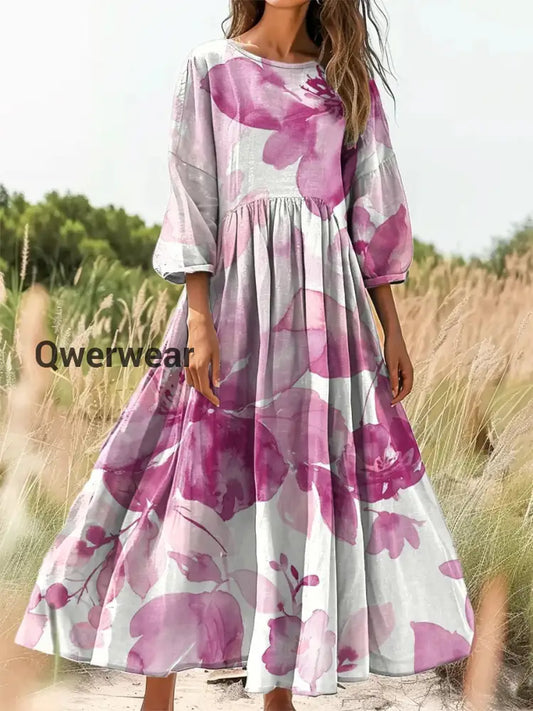 Vintage Bohemian Floral Print Elegant Chic Loose Midi Dress-DR-F-245
