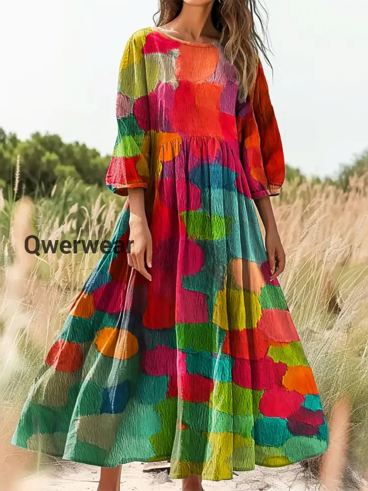 Vintage Bohemian Floral Print Elegant Chic Loose Midi Dress-DR-F-259