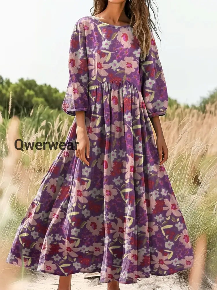 Vintage Bohemian Floral Print Elegant Chic Loose Midi Dress-DR-F-277