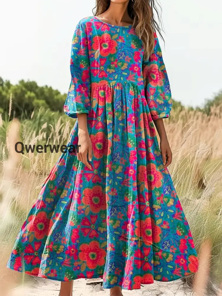 Vintage Bohemian Floral Print Elegant Chic Loose Midi Dress-DR-F-279