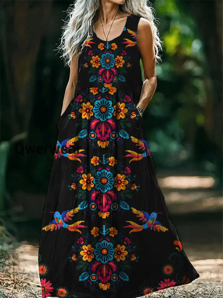 Vintage Bohemian Floral Print Elegant Chic Loose Midi Dress-DR-F-286 A / S