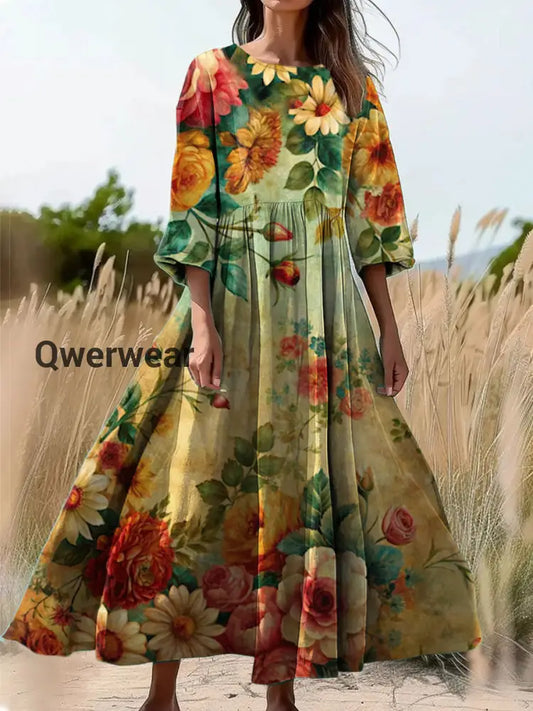 Vintage Bohemian Floral Print Elegant Chic Loose Midi Dress-DR-F-315
