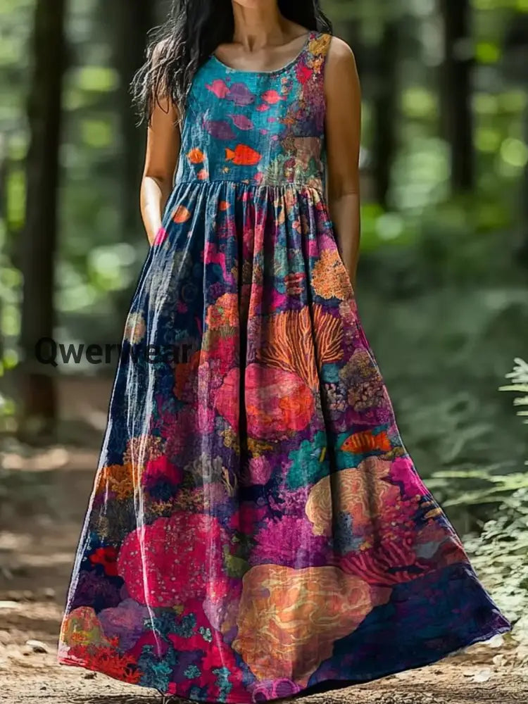 Vintage Bohemian Floral Print Elegant Chic Loose Midi Dress-DR-F-364 A / S