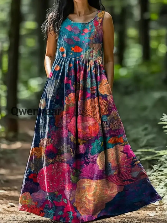 Vintage Bohemian Floral Print Elegant Chic Loose Midi Dress-DR-F-364 A / S