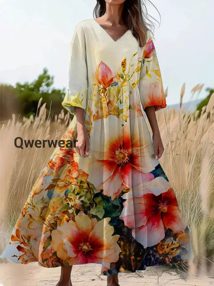 Vintage Bohemian Floral Print Elegant Chic Loose Midi Dress-DR-F-385 A / S