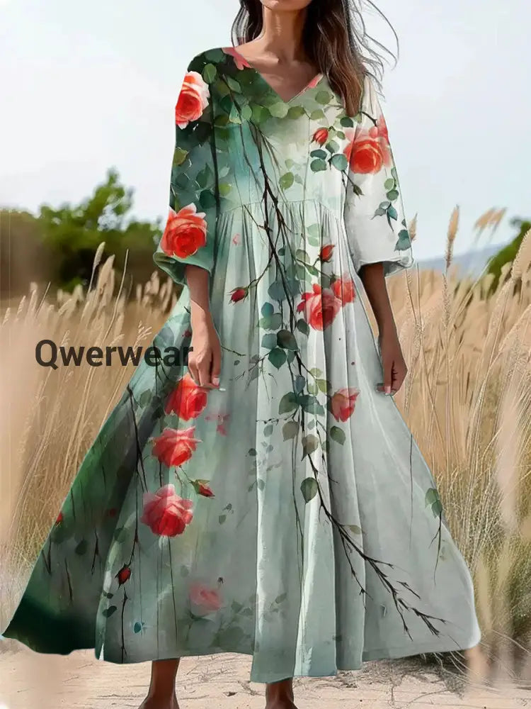 Vintage Bohemian Floral Print Elegant Chic Loose Midi Dress-DR-F-387 A / S