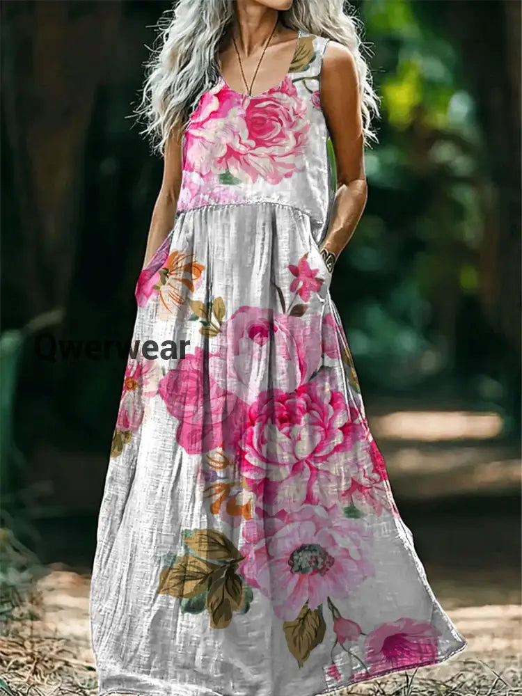 Vintage Bohemian Floral Print Sleeveless Loose Midi Dress