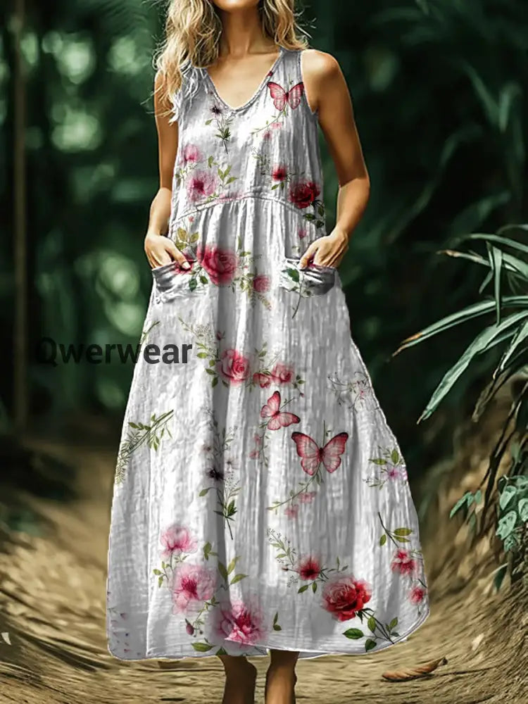 Vintage Bohemian Floral Print Sleeveless Loose Midi Dress A / S