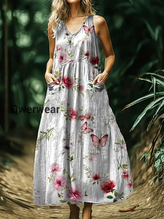 Vintage Bohemian Floral Print Sleeveless Loose Midi Dress A / S