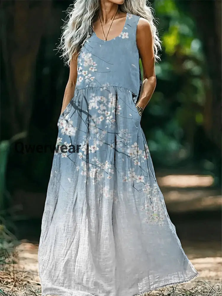 Vintage Bohemian Floral Print Sleeveless Loose Midi Dress-DR-F-445 A / S