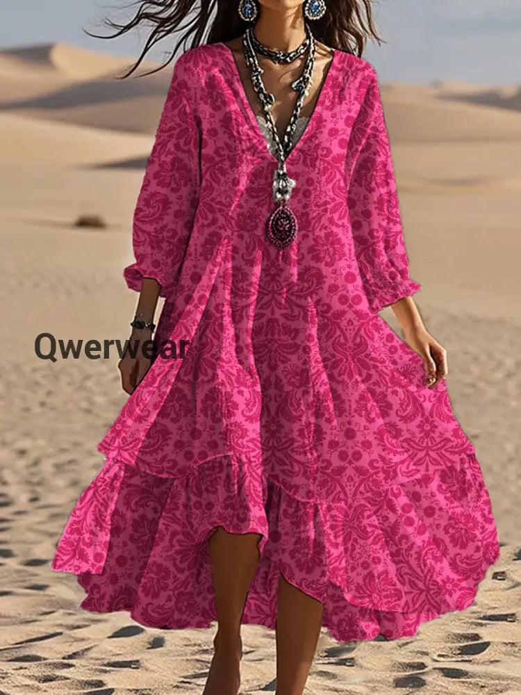 Vintage Bohemian V-Shaped Floral Art Print Casual Elegant Fashion Double Dress A / S