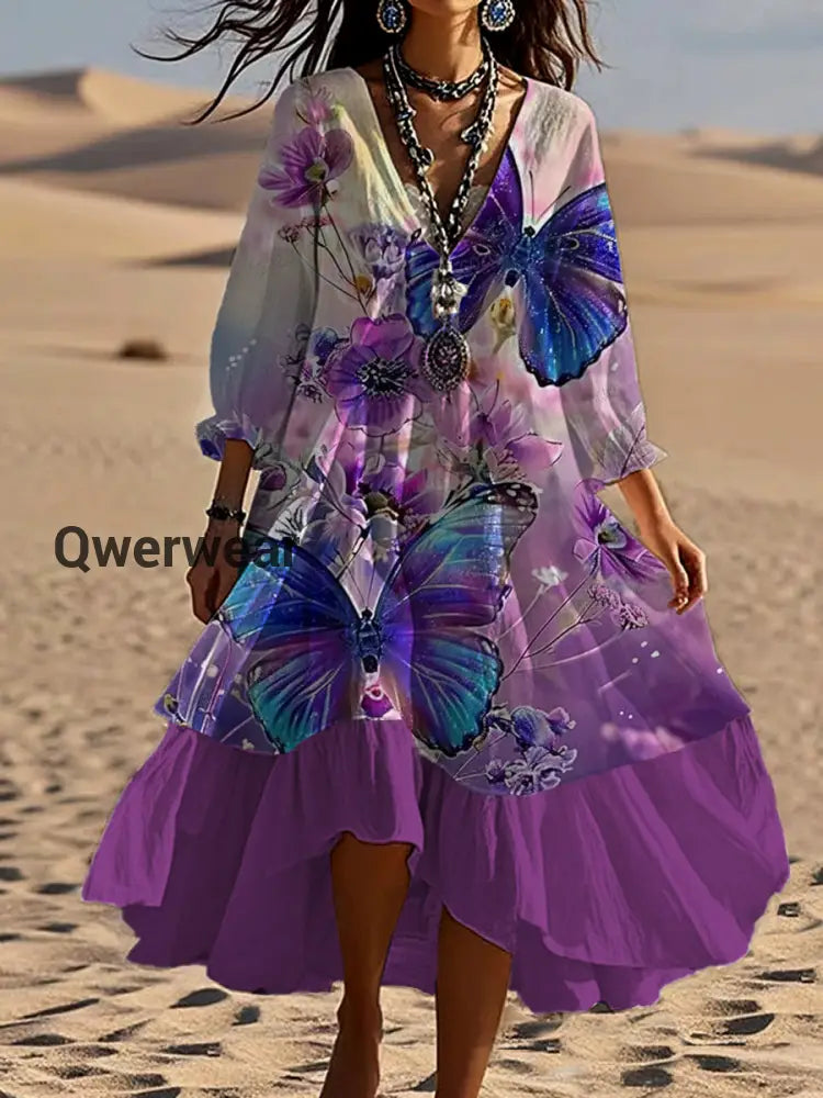 Vintage Bohemian V-Shaped Floral Art Print Casual Elegant Fashion Double Dress A / S