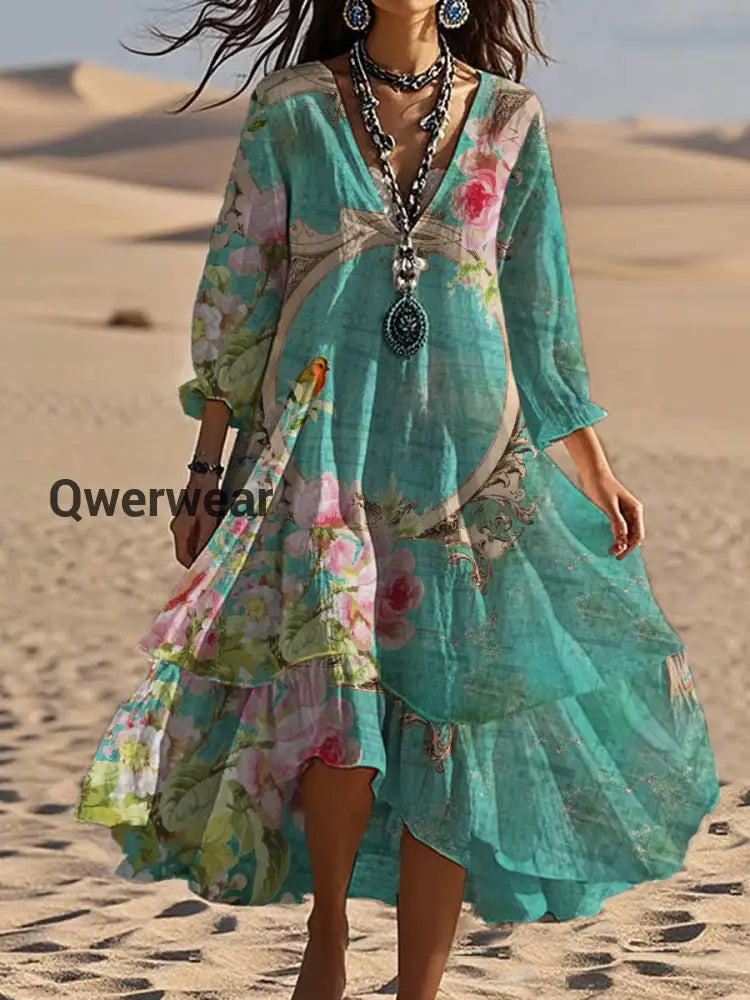 Vintage Bohemian V-Shaped Floral Art Print Casual Elegant Fashion Double Dress A / S