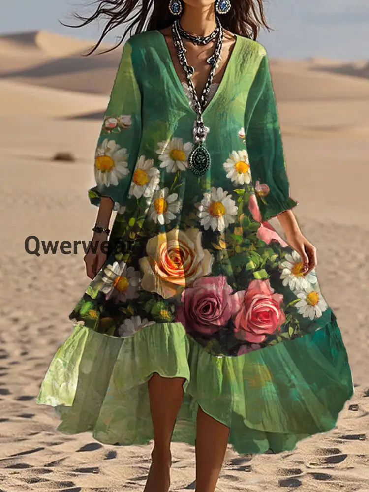 Vintage Bohemian V-Shaped Floral Art Print Casual Elegant Fashion Double Dress A / S