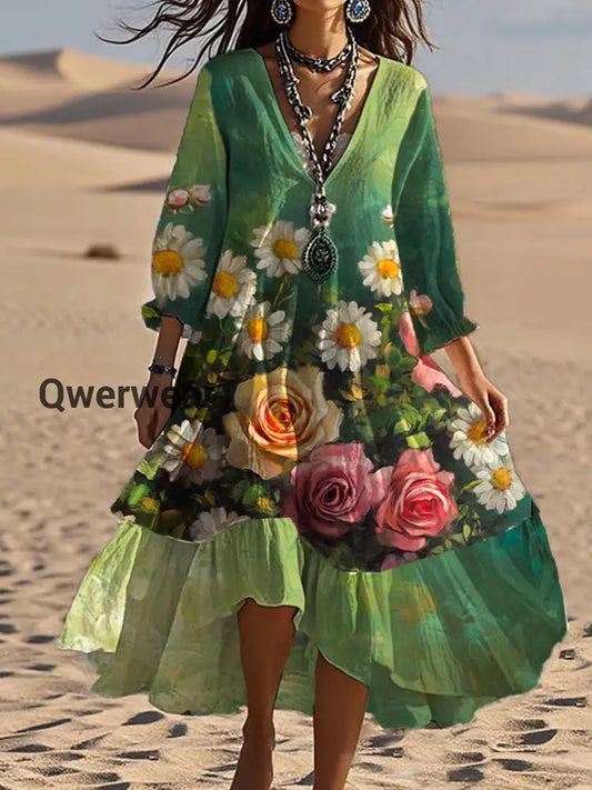 Vintage Bohemian V-Shaped Floral Art Print Casual Elegant Fashion Double Dress A / S