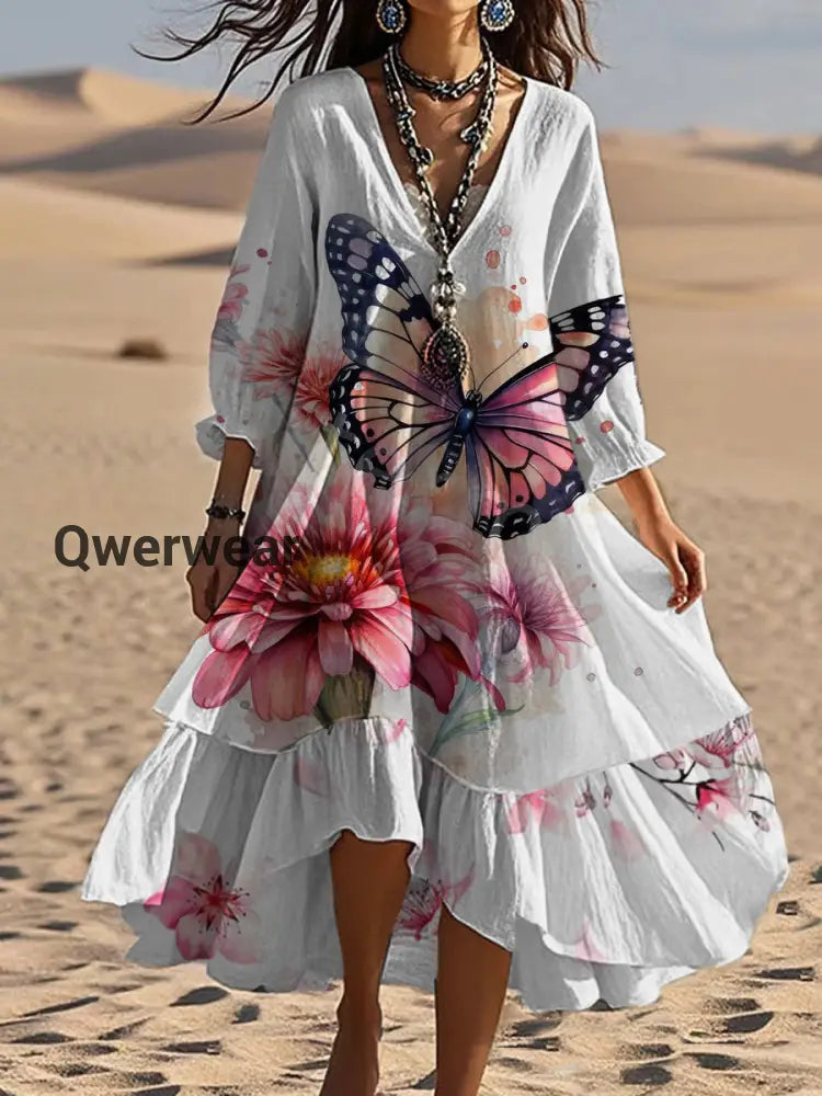 Vintage Bohemian V-Shaped Floral Art Print Casual Elegant Fashion Double Dress A / S