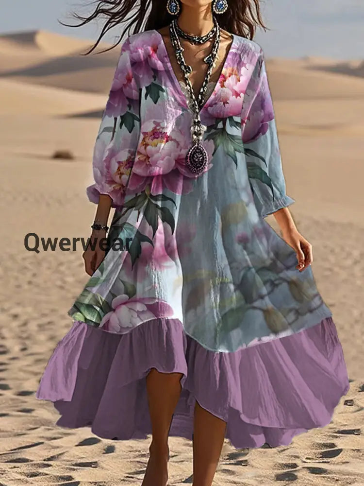 Vintage Bohemian V-Shaped Floral Art Print Casual Elegant Fashion Double Dress A / S