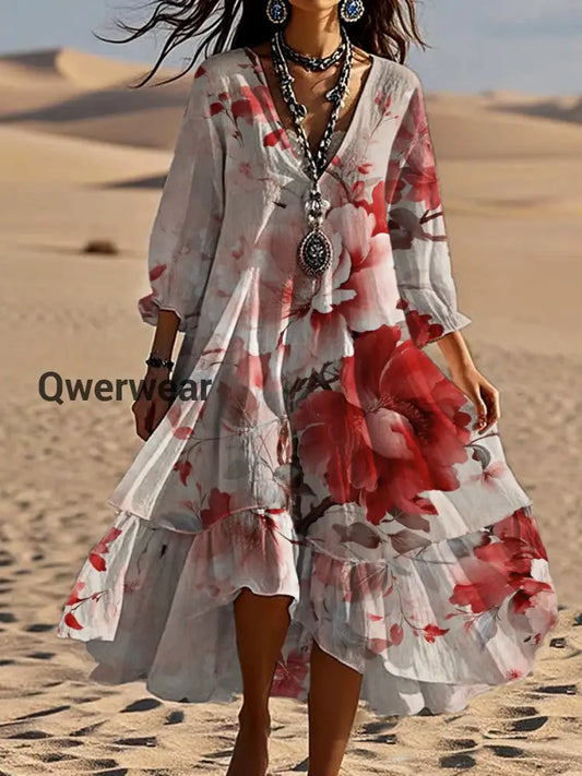 Vintage Bohemian V-Shaped Floral Art Print Casual Elegant Fashion Double Dress-DR-FD-6 A / S