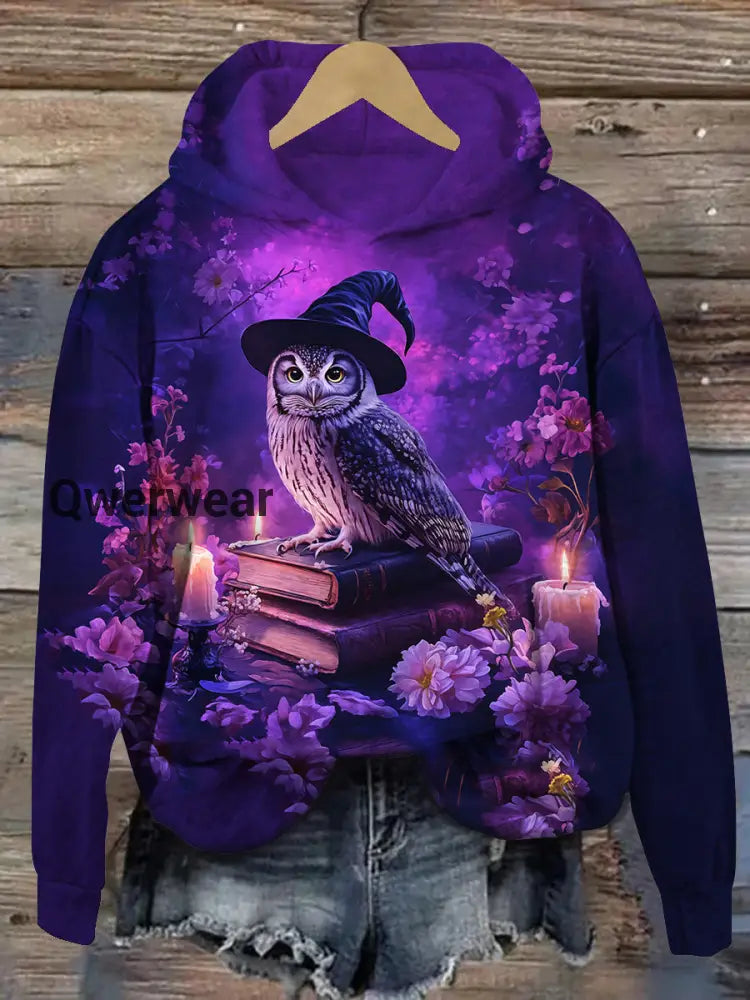 Vintage Book Art Print Unisex Long Sleeve Casual Hooded Sweatshirt Deep Purple / S