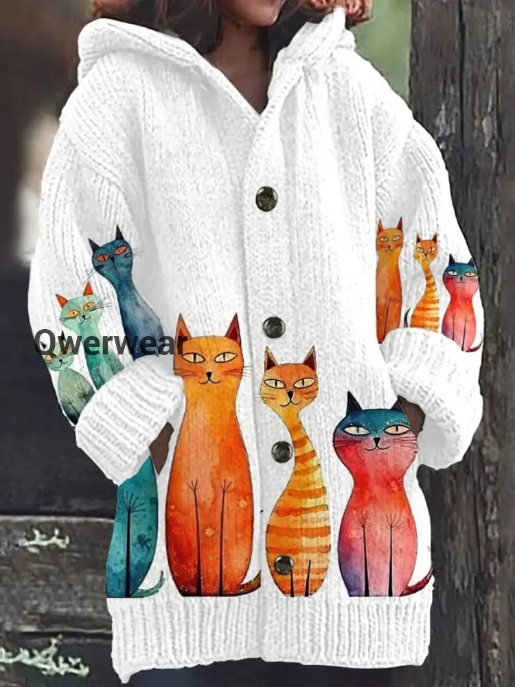 Vintage Cat Art Print Button Thick Long Sleeve Hooded Cardigan A / S