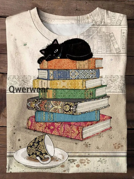 Vintage Cat Crew Neck T-shirt Mixed Color / S Women\’s Tops