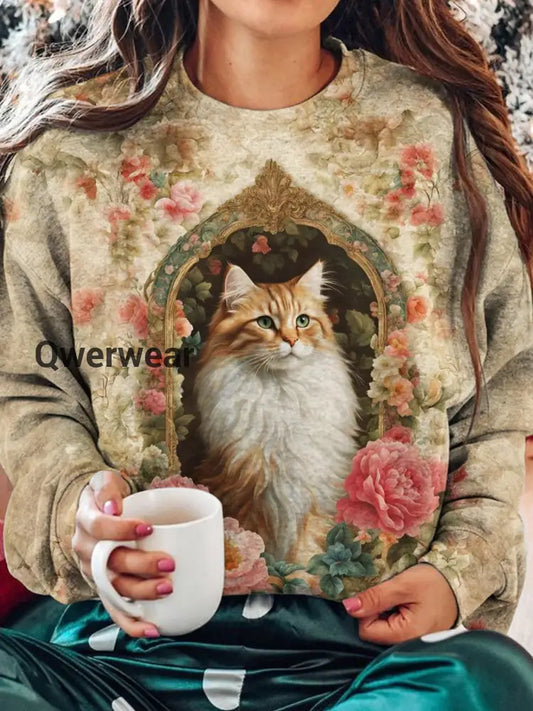 Vintage Cat Floral Printed Long Sleeve Casual Top Mixed Color / S Women\’s Tops