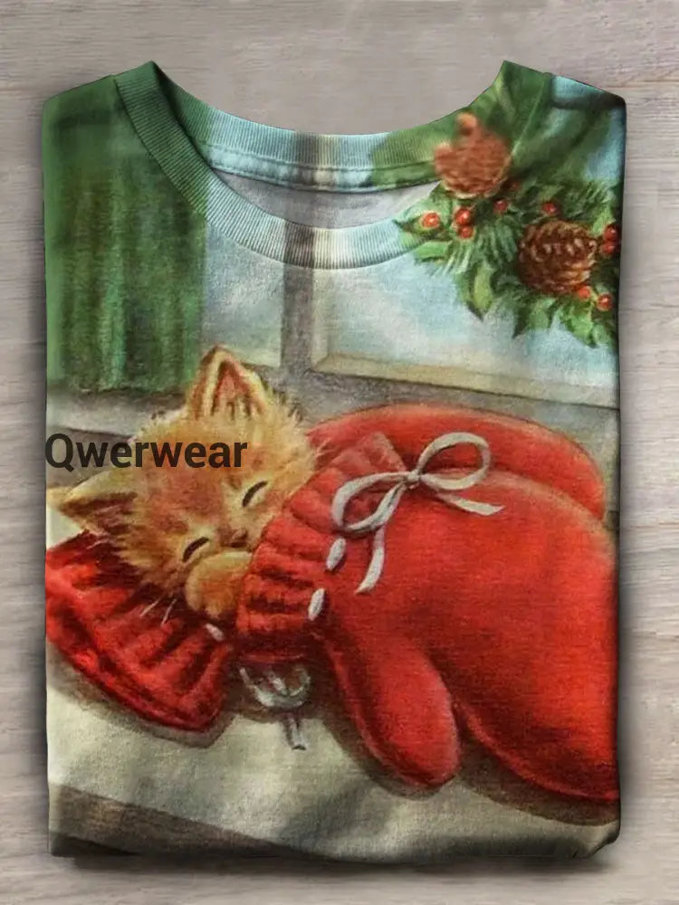 Vintage Cat Print Casual Short Sleeve Top Multicolor / S