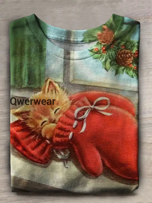 Vintage Cat Print Casual Short Sleeve Top Multicolor / S