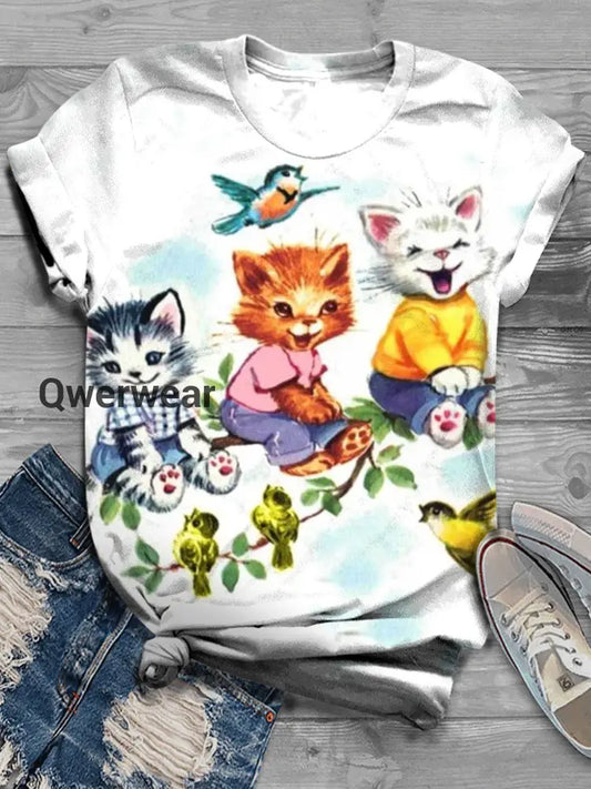 Vintage Cat Print Crew Neck T-Shirt multicolor / S Women\’s Tops