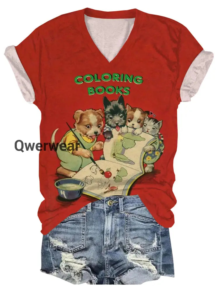 Vintage Dogs And Cat Print V-Neck Short Sleeve T-Shirt Red / S Women\’s Tops