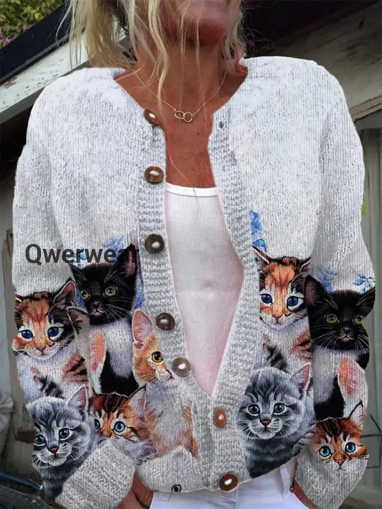 Vintage Elegant Cat Art Print Chic Button Thick Long Sleeve Cardigan Sweater Gray / S