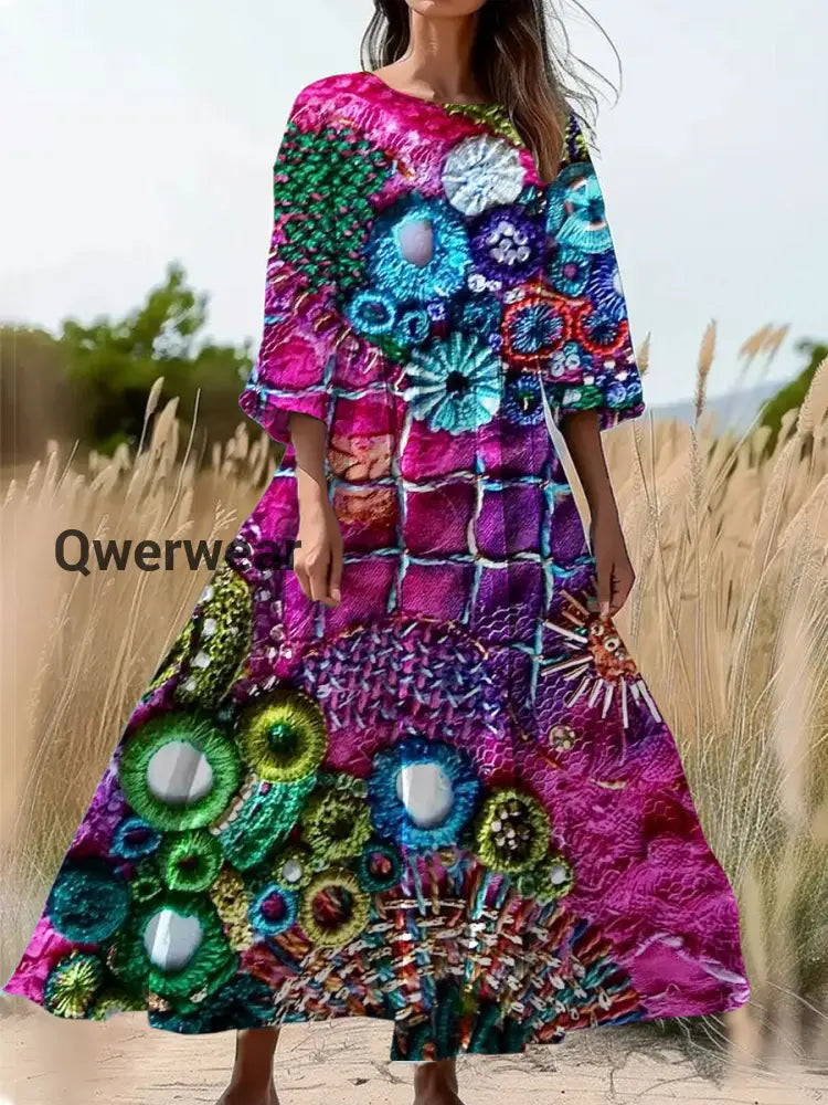 Vintage Floral Art Print Round Neck Long Sleeve Midi Dress A / S