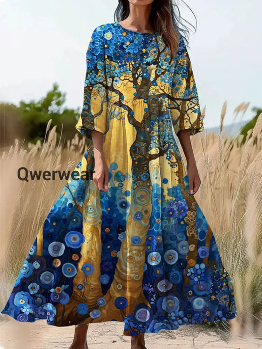 Vintage Floral Art Print Round Neck Long Sleeve Midi Dress A / S