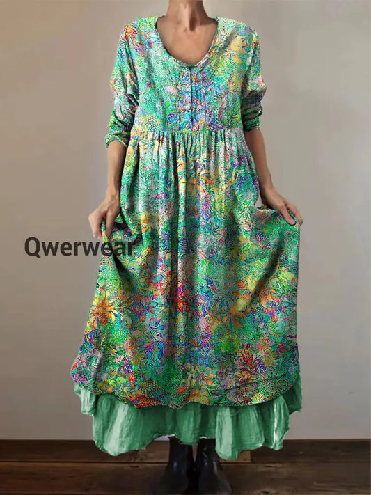 Vintage Floral Print Elegant Chic Loose Midi Dress Green / S