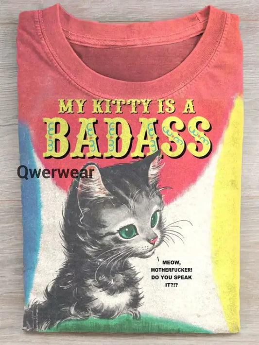 Vintage Funny Cat Art Print Casaul Short Sleeve T-shirt