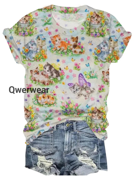 Vintage Kitties Playground Crew Neck T-shirt Mixed Color / S Women\’s Tops