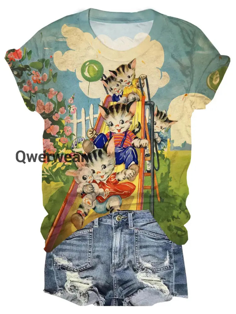 Vintage Playing On Slide Kittens Crew Neck T-shirt Mixed Color / S Women\’s Tops