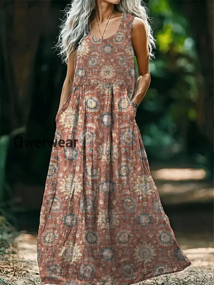 Vintage Round Neck Bohemian Ethnic Floral Print Elegant Chic Sleeveless Loose Midi Dress A / S