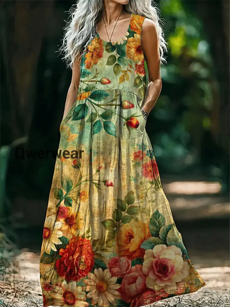 Vintage Round Neck Bohemian Ethnic Floral Print Elegant Chic Sleeveless Loose Midi Dress A / S