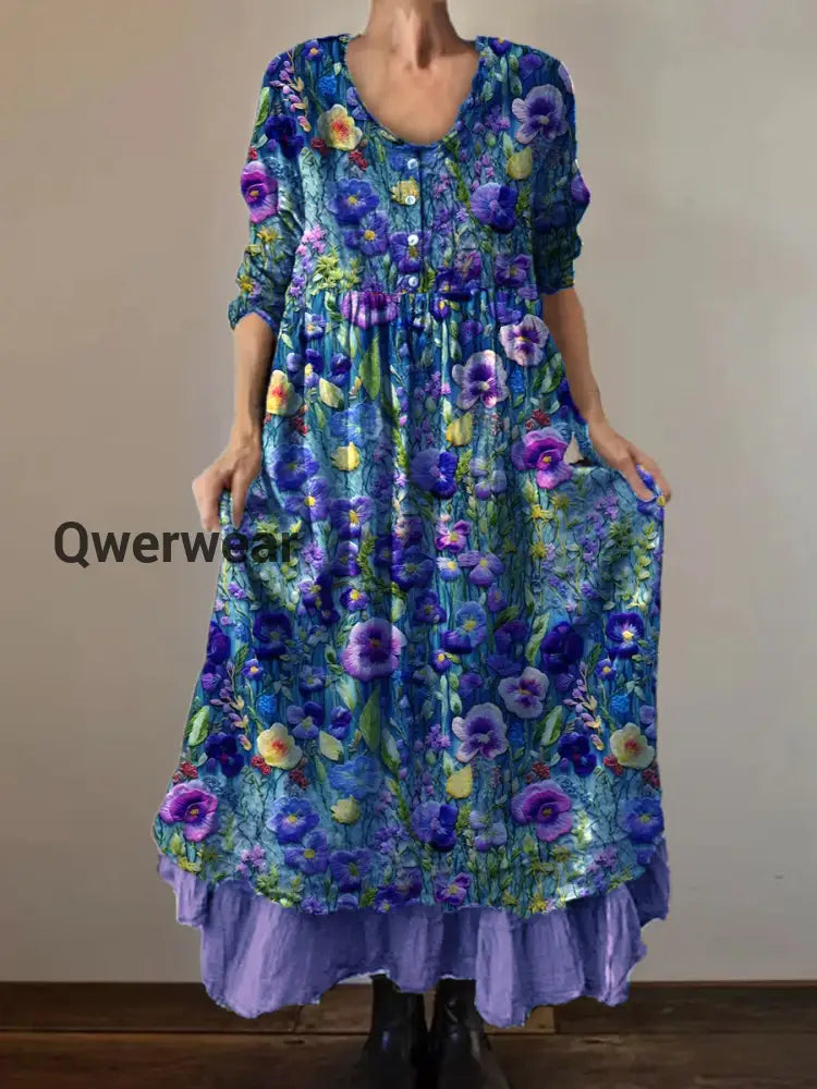 Vintage Round Neck Bohemian Floral Print Elegant Chic Loose Midi Dress D / S