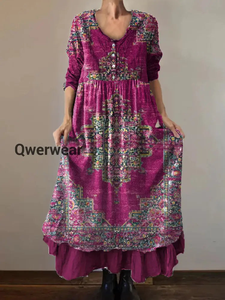 Vintage Round Neck Bohemian Floral Print Elegant Chic Loose Midi Dress A / S