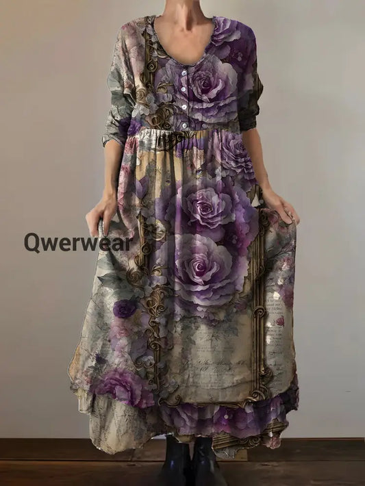 Vintage Round Neck Bohemian Floral Print Elegant Chic Loose Midi Dress A / S